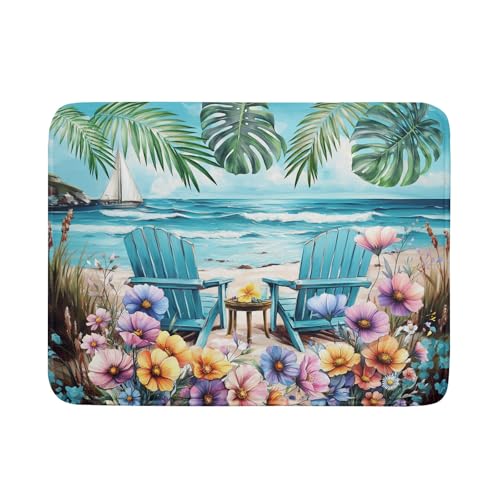 Spring Summer Sea Chair Dish Drying Mat for Kitchen Counter,Coastal Beach Palm Leaf Flowers Drying Mat 18 x 24 Inch with Absorbent Reversible Microfiber Drying Pad for Coffee Bar - size: 18" x 24"