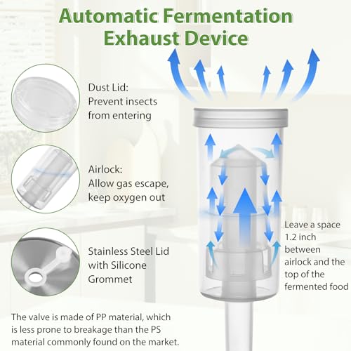 Fermentation Kit for Wide Mouth Mason Jars, 4 Easy-Lift Glass Weights, 4 Stainless Steel Fermentation Lids with Airlocks, 6 Silicone Rings and 6 Silicone Stoppers (Jars Not Included)