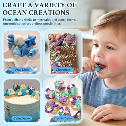 HKNMTT Marine Themed Silicone Mold for Polymer Clay Fondant, Seashell Mermaid Tail Starfish Ocean Seahorse Air Dry Clay Craft Cake Decor Wax Melt Chocolate Candy Mould DIY Cupcake Toppers BPA Free - style: Ocean - 4PCS
