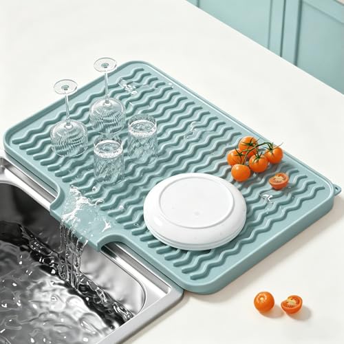 Rnivvi Silicone Dish Drying Mat for Kitchen Counter, 16 x 12" Drainer Pad with Drainage Spout, Non-Slip Countertop Protector Heat Resistant Trivet, Dish Rack Mat for for Sink Dishes, Shadow Green - color: Shadow Green