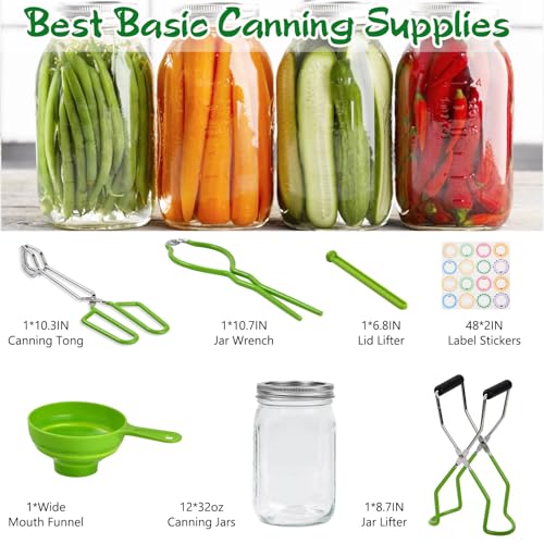 12-Pack Mason Jars 32 oz with Canning Supplies Starter Kit, Wide Mouth Pint Glass Jars with Lids, Jar Lifter Tongs,Funnel,6 in 1 Canner Tools Set for Canning, Pickling (32oz Jars with Tools)