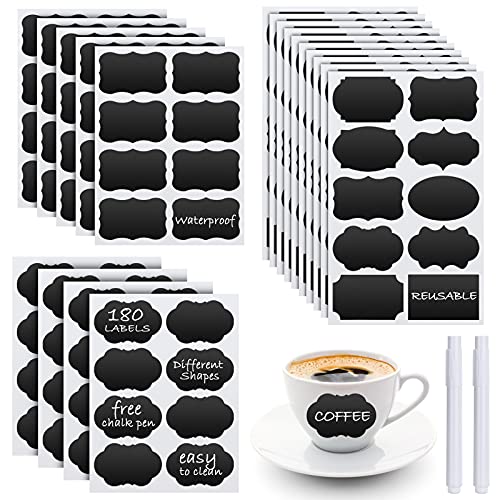 Chalkboard Labels - 180pcs Waterproof Reusable Blackboard Stickers with 2 Free Erasable White Chalk Marker, Mini Decorative Chalk Labels for Jars Containers Kitchen Home Pantry Office - style: 180 Labels Assorted Shapes