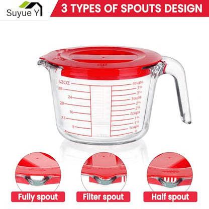 Measuring Cup 4 Cup/1000ML Glass liquid Measuring Cups with Lids | High Borosilicate Liquid Measuring Cups, Dishwasher Freezer and Microwave Safe,Sealable & Food Mixing Use