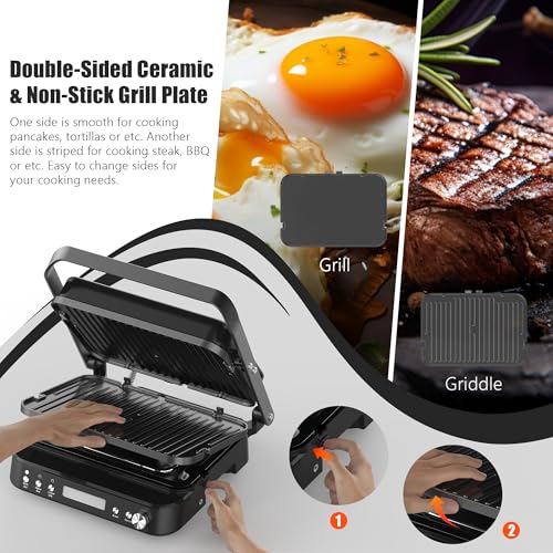 CATTLEMAN Panini Grill Press Sandwich Maker with Removable Plates, 1600W, 5 in 1 Smokeless Indoor Grill & Griddle with Meat Thermometer, PFAS Free Ceramic Nonstick Reversible Plates, Opens Flat - color: Black with Reversible Plates