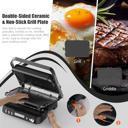 CATTLEMAN Panini Grill Press Sandwich Maker with Removable Plates, 1600W, 5 in 1 Smokeless Indoor Grill & Griddle with Meat Thermometer, PFAS Free Ceramic Nonstick Reversible Plates, Opens Flat - color: Black with Reversible Plates