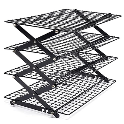 4-Tier Collapsible Cooling Rack, Adjustable Stackable Roasting Cooking Drying Wire, Barbecue Storage Display Shelf for Cookies Baking Picnic Party