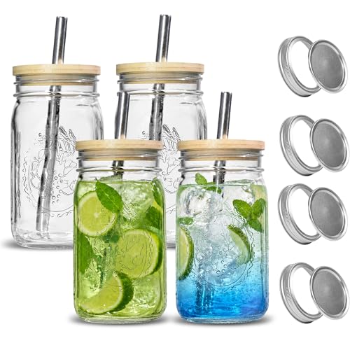 4Pack 32oz Vintage Mason Jars with Bamboo Lids, Wide Mouth Glass Cup | Iced Coffee Cup with Lids and Straw for Juice Milkshake Tea - size: 4Pack 32oz