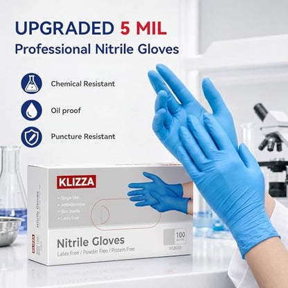 Nitrile Exam Gloves, 5 mil Chemical Resistant Latex & Powder Free, Disposable Food Safe Glove, Blue, S/M/L/XL, Box/100 - size: Large
