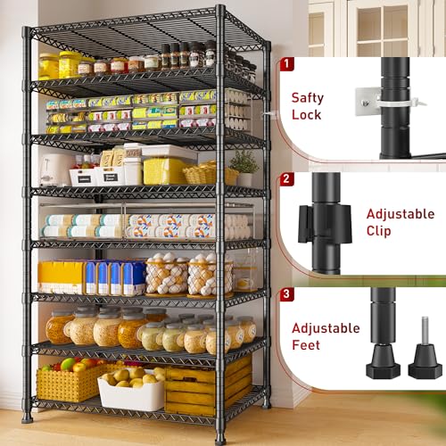 REIBII 8 Tier Metal Shelving 75"H Storage Shelves Tall Wire Shelving Unit Adjustable Detachable Storage Shelves for Laundry Pantry Kitchen Commercial school 1040LBS Storage Rack 75"H X 35"W X 14"D - size: 【8 Tier】75"H X 35"W X 14"D