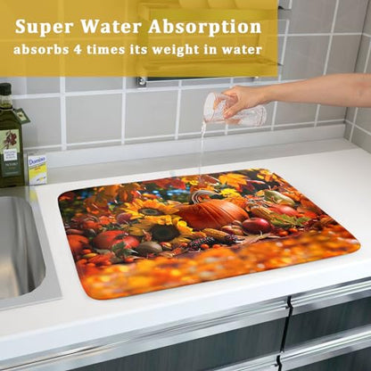 Fall Harvest Pumpkin Dish Drying Mat for Kitchen Counter,Thanksgiving Maple Leaves Sunflower Drying Mat 18 x 24 Inch with Absorbent Reversible Microfiber Dish Drying Pad for Coffee Bar - size: 18" x 24"