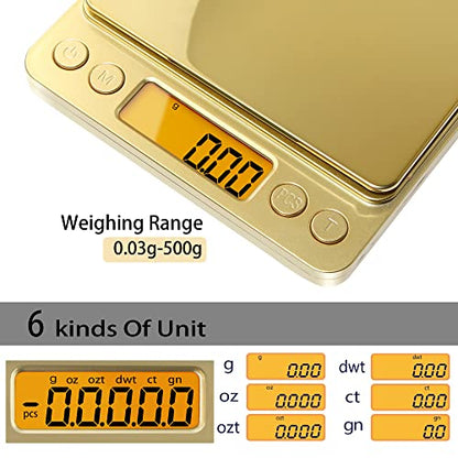 Fuzion Digital Scale .01 Gram Accuracy, 500g Mini Food Scales for Small Jewelry, Gold, Herb, Spice - Weight Gram and Oz - color: Gold