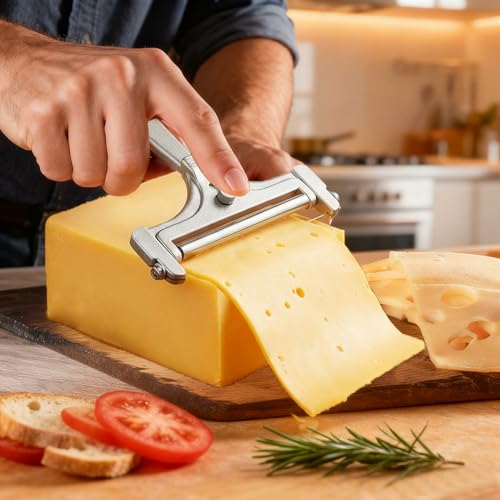 OYEWALLS Adjustable Wire Cheese Slicer for Block Cheese, Handheld Stainless Steel Cheese Cutter with 4 Extra Wires, Premium Rolling Cheese Wire Slicer for Mozzarella, Cheddar, Gruyere - color: Silver