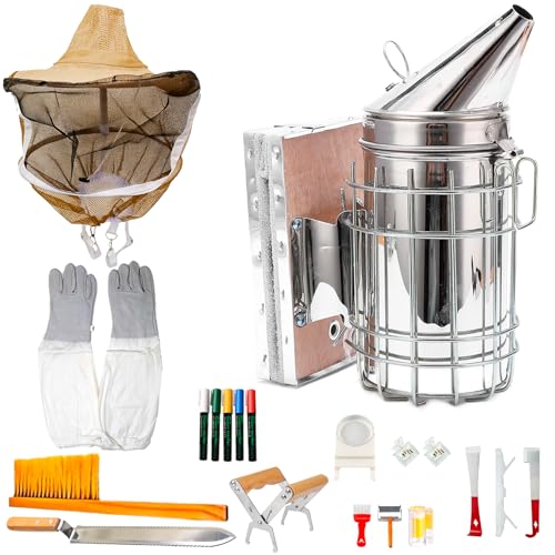 20Pcs Bee Keeping Starter Kit, Beekeeping Supplies | Includes Smoker, Queen Marking Tool, Uncapping Knife, Hive Tool, Feeder and Veil