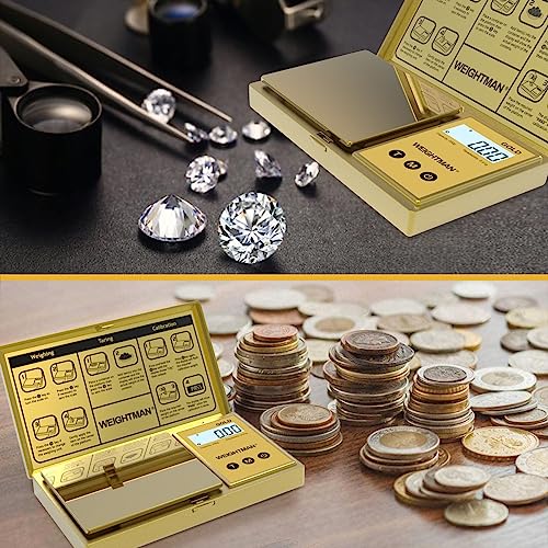 WEIGHTMAN Digital Scale Gram, 200g/0.01g Pocket Scale Gold Titanium Plating, LCD Backlit Display, Mini Jewelry Scale with 6 Units, Auto Off, Tare Function for Food, Coins, Battery Included - color: Gold