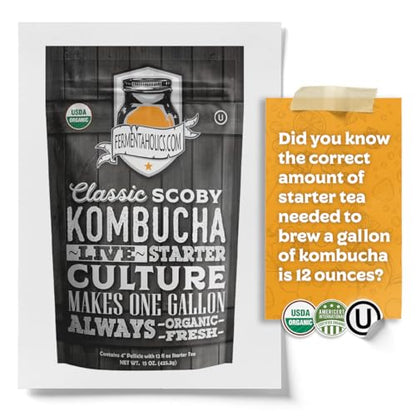 Fermentaholics ORGANIC Kombucha SCOBY With Twelve Ounces of Starter Tea - Live Starter Culture - Makes A One Gallon Batch - 1.5 Cups of Strong Mature Starter Tea - Brew Your Own Kombucha (1 Pack, 1, Count) - size: Scoby