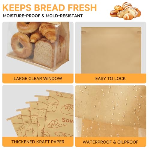 Extra Large Bread Bags for Homemade, 50 Count, 50% Thicker Sourdough Paper With Ties, 15.7 * 10.2 * 5.1 in, Tin Tie Tab Lock Bakery Bags With Window and Sealing Stickers for Storage Packaging Gifting - color: No print