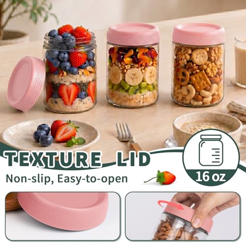 Pink Overnight Oats Container with Lids, Wide Mouth Mason Jars with Lids, Air Tight Overnight Oats Jars for Yogurt, Reusable Glass Jar for Pudding, Snack, Sugar, Breakfast, (6-Pack, 16oz) - color: Pink