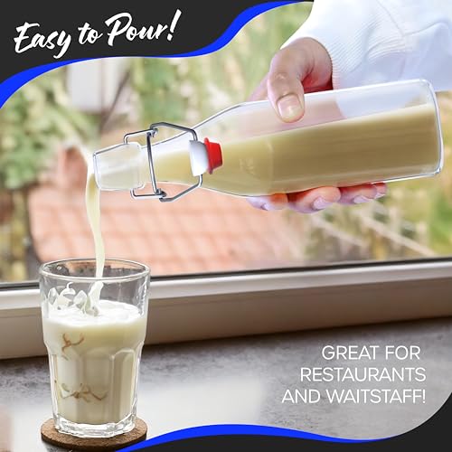 Nevlers 17 Oz Clear Round Swing Top Glass Bottles with Lids 12 Pack | Flip Top Glass Bottle with Stopper Kit for Kombucha or Vanilla Extract Bottles | Wine Bottle Set with Funnel, Brush & Marker - style: Round
