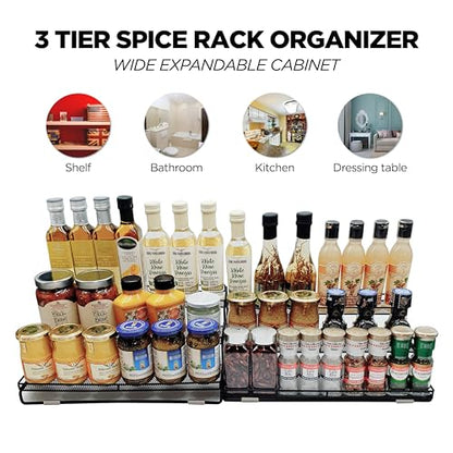 3 Tier Wide Expandable Cabinet Spice Rack Organizer (14.5" to 29.1") - Step Shelf with Protection Railing, Black | Wide, deep expandable spice rack for large spice jars, seasoning bottles, cans, and pantry organization. - color: Large & Wide
