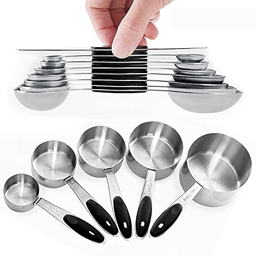 Warmheart Measuring Cups and Magnetic Measuring Spoons Set, Stainless Steel 5 Cups and 7 Spoons and 1 Levele (Black)