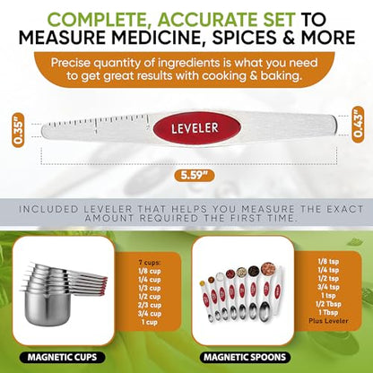 Spring Chef Magnetic Measuring Cups & Spoons Set, Patented, Strong N45 Magnets, Heavy Duty Stainless Steel Fits in Spice Jars for Baking & Cooking, BPA Free, Round Set of 15 with Leveler, Red - color: Red, size: Set of 15