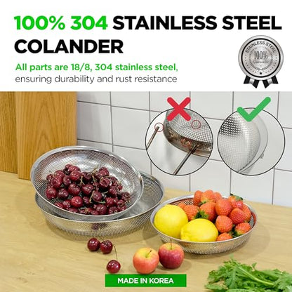 Shallow Stainless Steel Colander Set of 3 – Micro-Perforated Tray Strainers for Berries Vegetables Fruit, 18/8 304 Low Profile (2, 3, 4 Qt) Self-Draining Base, Dishwasher Safe, Made in Korea - size: 2+3+4QT Colander