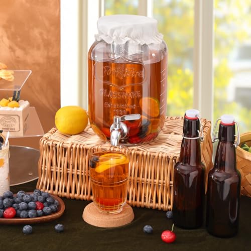 1 Gallon Kombucha Starter Kit, Glass Kombucha Jar with Spigot and Stainless Steel Mesh Filter Fermentation Kit for Home Brewed Kombucha Bottles, Includes Test Strips, Measuring Cups, Cloth Top | 1 Gal kombucha kit for home fermented tea. Spigot, filter &