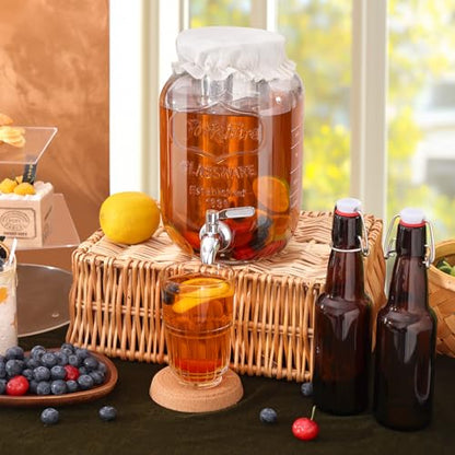 1 Gallon Kombucha Starter Kit, Glass Kombucha Jar with Spigot and Stainless Steel Mesh Filter Fermentation Kit for Home Brewed Kombucha Bottles, Includes Test Strips, Measuring Cups, Cloth Top | 1 Gal kombucha kit for home fermented tea. Spigot, filter &