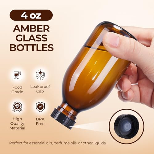 24 Pack 4 OZ Glass Bottles with Lids, Amber Glass Bottles for Homemade Vanilla Extract, Essential Oils, Juice, Potion, Syrup, Liquids, Christmas Gift - color: Amber, size: 24 Pack