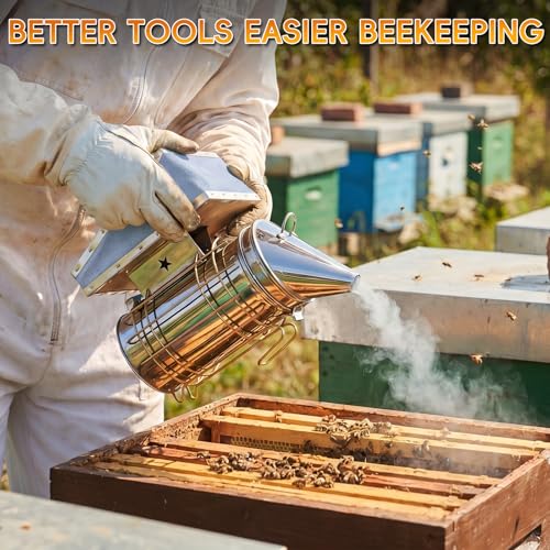2 Pack Bee Smoker with Pellets, Stainless Steel Bee Hive Smoker with Heat Shield for Beekeeper Daily Beehives Check Easier
