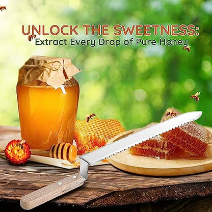 Flexzion Cold Honey Uncapping Tool - 11 Inch Serrated Uncapping Knife, Stainless Steel Honey Knife Uncapping with Ergonomic Wooden Handle, Non-Heated Honeycomb Scraper for Wax & Honey Extraction