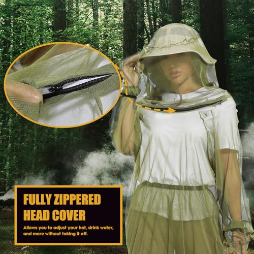 Premium Mosquito Suit-Jacket With Hood/Pants/Mitts/Gift Bag/Tape Measure-Full Body Protection Bugs Clothes - color: Green With Sun Hat, size: Small-Medium