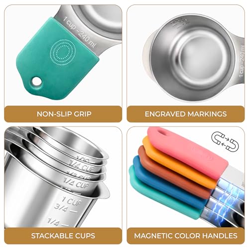 DIYORA Magnetic Measuring Cups and Spoons Set, 13-Piece 304 Stainless Steel Measuring Set with Leveler, Mini Whisk, Conversion Chart, Double-Sided Spoons for Baking and Cooking