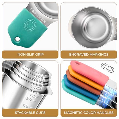 DIYORA Magnetic Measuring Cups and Spoons Set, 13-Piece 304 Stainless Steel Measuring Set with Leveler, Mini Whisk, Conversion Chart, Double-Sided Spoons for Baking and Cooking