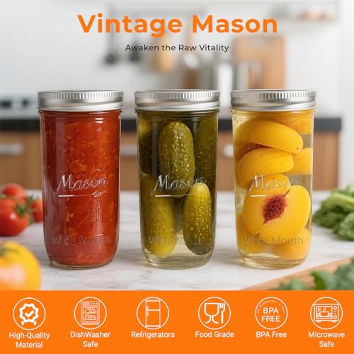 CycleMore 6 Pack Wide Mouth Mason Jars with Airtight Lids and Bands, 24 Oz Canning Glass Jars, Glass Canister for Canning, Fermenting, Pickling, Meal Prep, Overnight Oats, Jam, Jelly