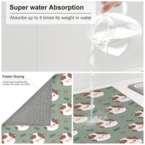 Cute Cow Mushrooms Green Leaf Dish Drying Mats for Kitchen Counter, Super Absorbent Microfiber Drainer Pad, Washable Reversible Appliance Protector, Everyday Kitchen Must-Have, 16x18 Inch - color: Cute Cow Mushrooms Green Leaf