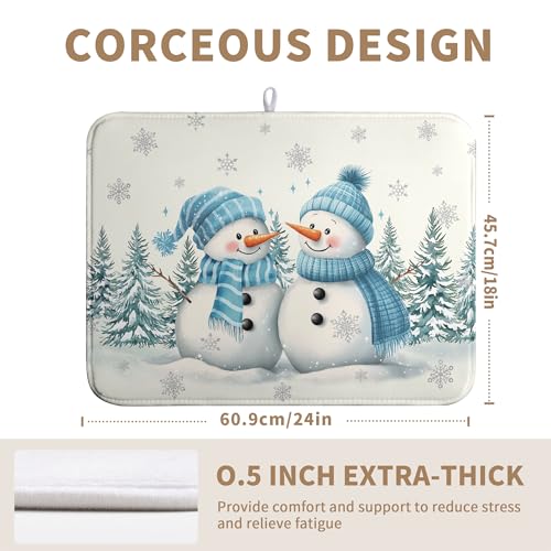 Winter Dish Drying Mat Winter Snowman Large Kitchen Mats Dish Drying Pad Blue Snowman Pine Tree Absorbent Dish Dryer Mat for Kitchen Countertops Microfiber Drainer Pad Dish Drying Mats (18x24 in)