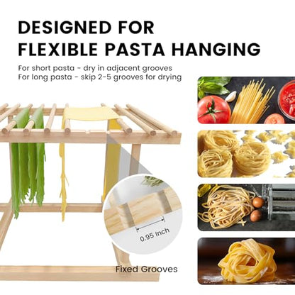 Pasta Drying Rack, Wooden Noodle Drying Rack for Pasta with 12 Detachable Rods & Fixed Grooves, Effortless Pasta Transfer, Holds Short/Long Noodles