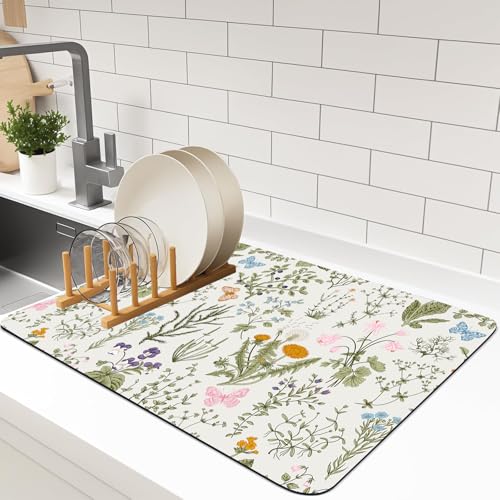 Dish Drying Mat For Kitchen Counter, 12"X20" Absorbent Coffee Bar Mat With Watercolor Painting Of Plants And Flowers Dish Drainer Rack Mat For Kitchen Counter (flower, 12"X20") - color: Flower, size: 20" x 12"