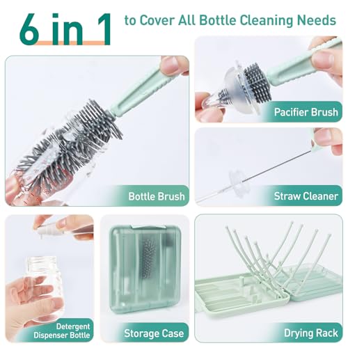 Baby Bottle Brush Set, 6-in-1 Travel Bottle Cleaner Kit with Silicone Bottle Brush, Nipple & Straw Brush, Soap Dispenser, Drying Rack, Storage Box – Compact Baby Travel Essential for Home & On-The-Go - color: Green