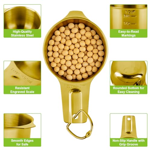 7 Pcs Gold Measuring Cups Stainless Steel, Nesting Metal Measuring Cups with Markings & Ring, Stackable Measure Cups Spoons Set for Cooking Baking Supplies, Kitchen Utensils for Dry Liquid Ingredients - color: Gold