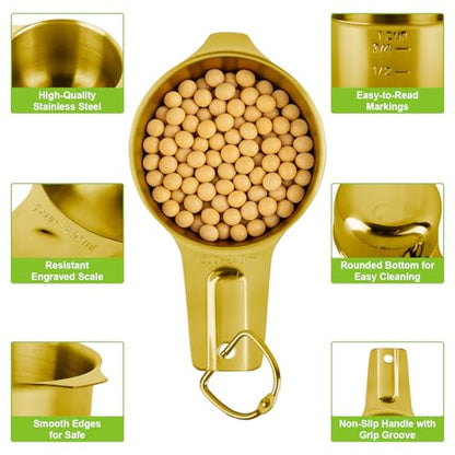 7 Pcs Gold Measuring Cups Stainless Steel, Nesting Metal Measuring Cups with Markings & Ring, Stackable Measure Cups Spoons Set for Cooking Baking Supplies, Kitchen Utensils for Dry Liquid Ingredients - color: Gold