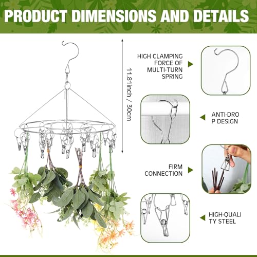 Bokon 4 Pcs Hanging Drying Rack for Herb Macrame Flower with Stainless Clip Dryer Hook for Drying Herb Air Plants Spices Flower Hydroponic Plant Ready to Use with Ceiling Hook(Round) - style: Round