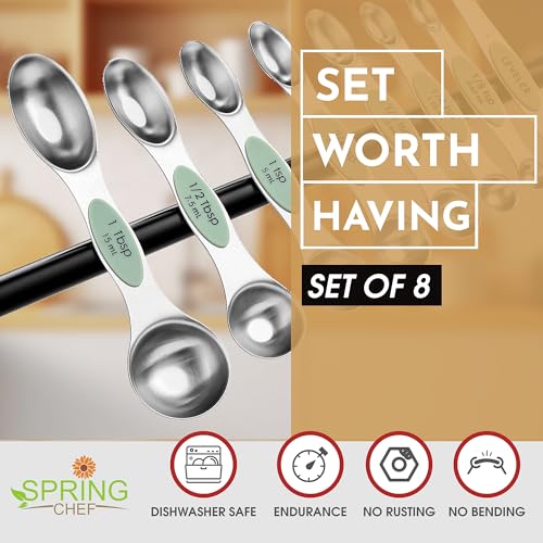 Spring Chef Stainless Steel Magnetic Measuring Spoons Set of 8 with Leveler, Dual Sided Teaspoon & Tablespoon Set, Nesting Metal Kitchen Gadgets for Baking & Cooking, Fits in Spice Jars - Pistachio - color: Pistachio, size: 1-Pack