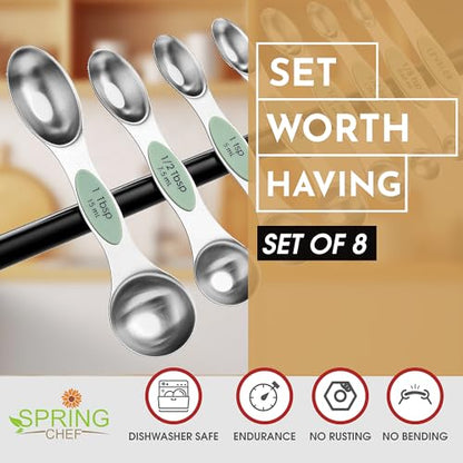 Spring Chef Stainless Steel Magnetic Measuring Spoons Set of 8 with Leveler, Dual Sided Teaspoon & Tablespoon Set, Nesting Metal Kitchen Gadgets for Baking & Cooking, Fits in Spice Jars - Pistachio - color: Pistachio, size: 1-Pack