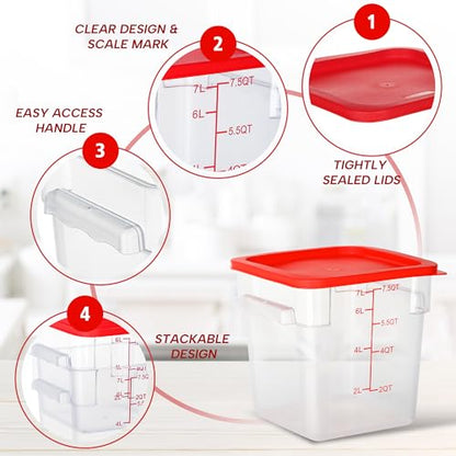 4 Pack 8QT Square Food Storage Containers with Lids | Clear NSF polycarbonate containers with scale, label and measuring cup, stackable for prep, storage, freezer. Dishwasher safe - color: 8Qt