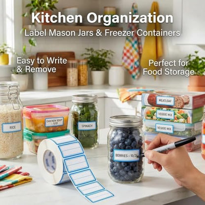 500 Removable Labels - No Residue, Reusable and Waterproof | Suitable for Food Storage Containers, Etc. (Double line-Blue) - color: Double Line-blue