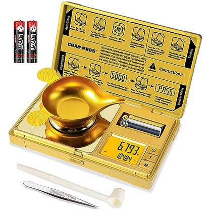 GRAM PRES High Precision Milligram Scale,50g/0.001g Digital Mini Pocket Gram Scale,Mg Scale for Weighing Powders,Jewelry, Medicine, Gem, Reloading,Gold Scale with Cal Weight, Tweezer and Tray - color: GOLD