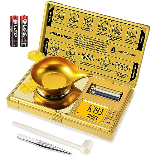 GRAM PRES High Precision Milligram Scale,50g/0.001g Digital Mini Pocket Gram Scale,Mg Scale for Weighing Powders,Jewelry, Medicine, Gem, Reloading,Gold Scale with Cal Weight, Tweezer and Tray - color: GOLD
