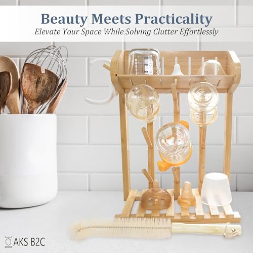 Bamboo Baby Bottle Drying Rack, Vertical Space Saving Kitchen Organizer, 9 Bottle Capacity, Countertop Storage Holder and Bottle Dryer with Draining Base (Comes with a Free Cleaning Brush)